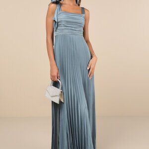 Lulus Gorgeous Purpose Slate Satin Pleated Sleeveless Bow Maxi Dress Blue